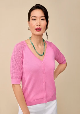 Pointelle Sleeve Button Up Cardigan