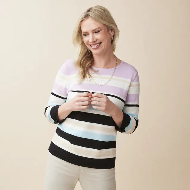 3/4-Sleeve Pointelle Sweater with Cut-Out at Back