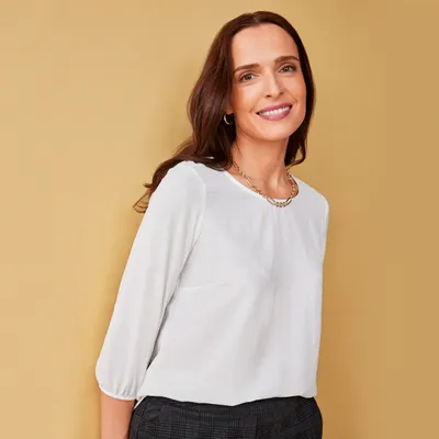 Crewneck Cuff Sleeve White Blouse