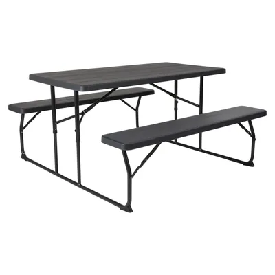 Insta-Fold Charcoal Wood Grain Folding Picnic Table and Benches - 4.5 Foot Folding Table