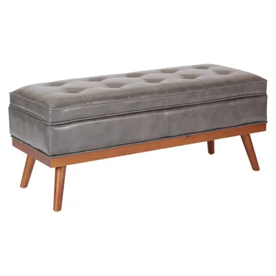 Katheryn Storage Bench in Deluxe Pewter Bonded Leather with Light Espresso Legs