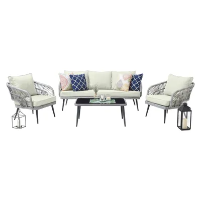 Riviera Rope Wicker 4-Piece 5 Seater Patio Conversation Set with Cushions in Gray