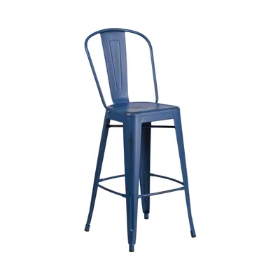 30” High Distressed Antique Blue Metal Indoor-Outdoor Barstool with Back