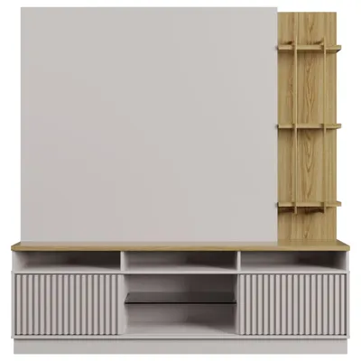 Pomander 71.49” Free Standing Entertainment Center with Décor Shelves in Off White Gloss