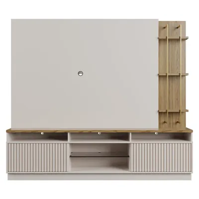 Pomander 85.27” Free Standing Entertainment Center with Décor Shelves in Off White Gloss