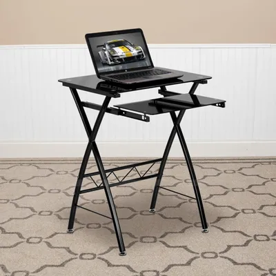 Black Tempered Glass Computer Desk with Pull-Out Keyboard Tray - NANCP60GG