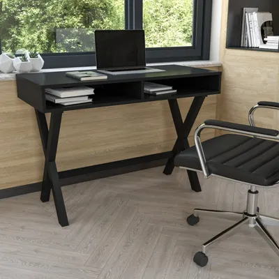 Writing Computer Desk with Open Storage Compartments - Black