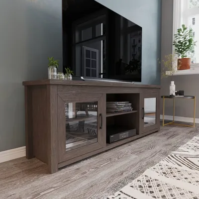 Sheffield Classic TV Stand up to 80” TVs - Modern Wash Finish with Full Glass Doors - 65” Engineered Wood Frame