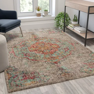 Distressed Medallion Area Rug - 5' x 7' - Gray Multi Polyester