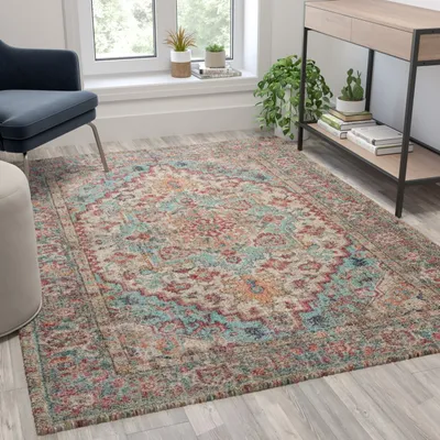 Distressed Vintage Medallion Area Rug - 5' x 7' - Blue Multi Polyester