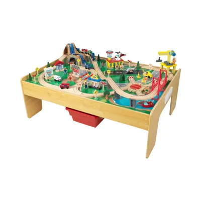 KidKraft Adventure Town Railway Wooden Train Set & Table, 120 Accessories and Storage Bins