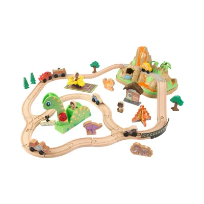KidKraft Dinosaur Bucket Top Portable Wooden Train Set with 56 Pieces and 9 Feet of Track