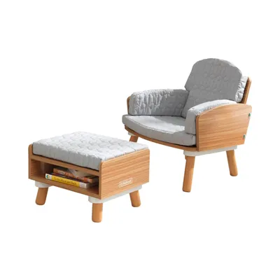 KidKraft Mid-Century Kid Wooden Reading Chair & Ottoman with Cushions, Gray