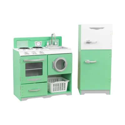 KidKraft Homestyle 2-Piece Wooden Vintage Play Kitchen Set with Refrigerator, Dryer and Laundry Basket