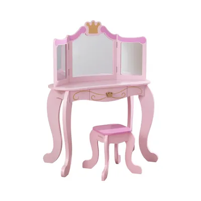 KidKraft Wooden Princess Vanity & Stool Set with Mirror, Pink