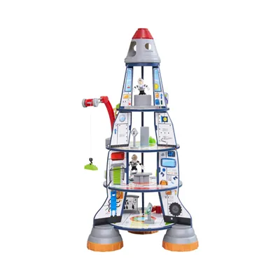 KidKraft Wooden 2-Section Rocket Ship Play Set with Moving Crane, Astronauts, Aliens and Robots