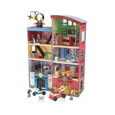 KidKraft Hometown Heroes Wooden Fire Station Rescue Play Set with 24 Accessories, Red