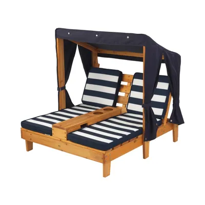 KidKraft Wooden Outdoor Double Chaise with Cup Holders, Kid's Furniture, Honey & Navy