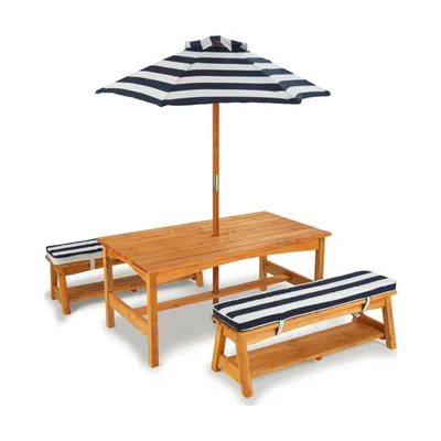 KidKraft Outdoor Wooden Table & Benches with Cushions & Umbrella, Navy