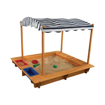 KidKraft Outdoor Covered Wooden Sandbox with Bins and Striped Navy & White Canopy