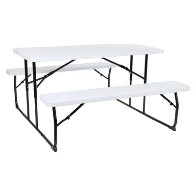 Insta-Fold White Wood Grain Folding Picnic Table and Benches - 4.5 Foot Folding Table