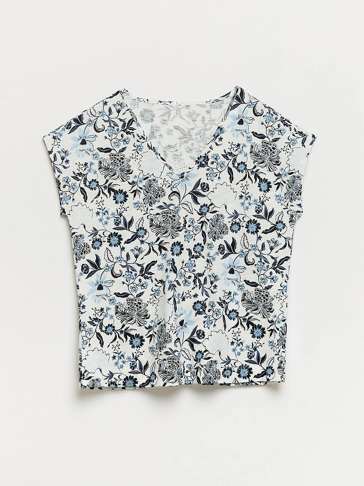Petite Relaxed Navy Floral V-neck T-Shirt