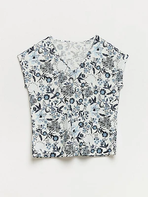 Petite Relaxed Navy Floral V-neck T-Shirt