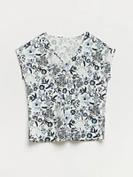 Petite Relaxed Navy Floral V-neck T-Shirt