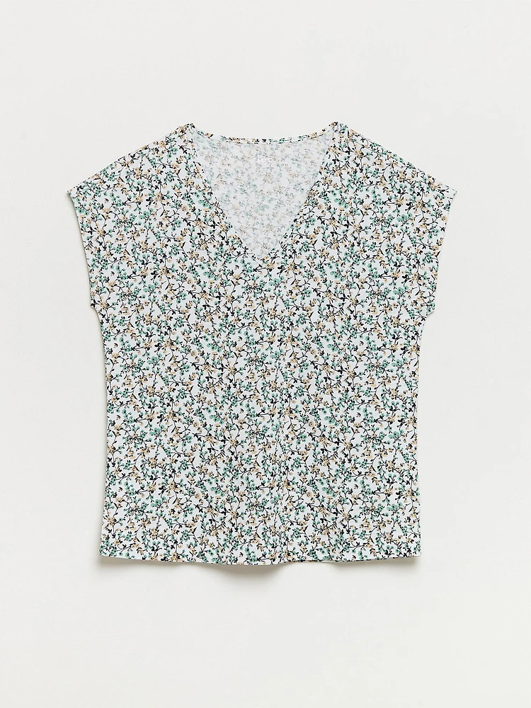 Petite Relaxed White Ditsy V-neck T-Shirt