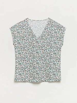 Petite Relaxed White Ditsy V-neck T-Shirt