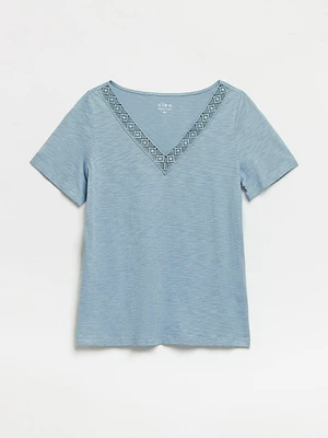 Short Sleeve Blue Crochet V-Neck T-Shirt
