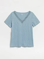 Short Sleeve Blue Crochet V-Neck T-Shirt