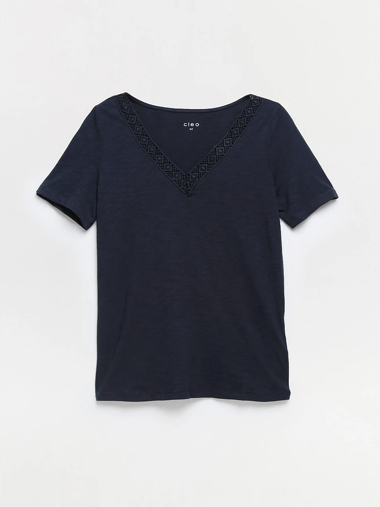 Short Sleeve Navy Crochet V-Neck T-Shirt