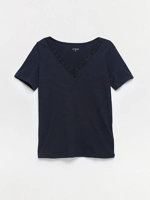 Short Sleeve Navy Crochet V-Neck T-Shirt