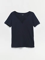 Short Sleeve Navy Crochet V-Neck T-Shirt