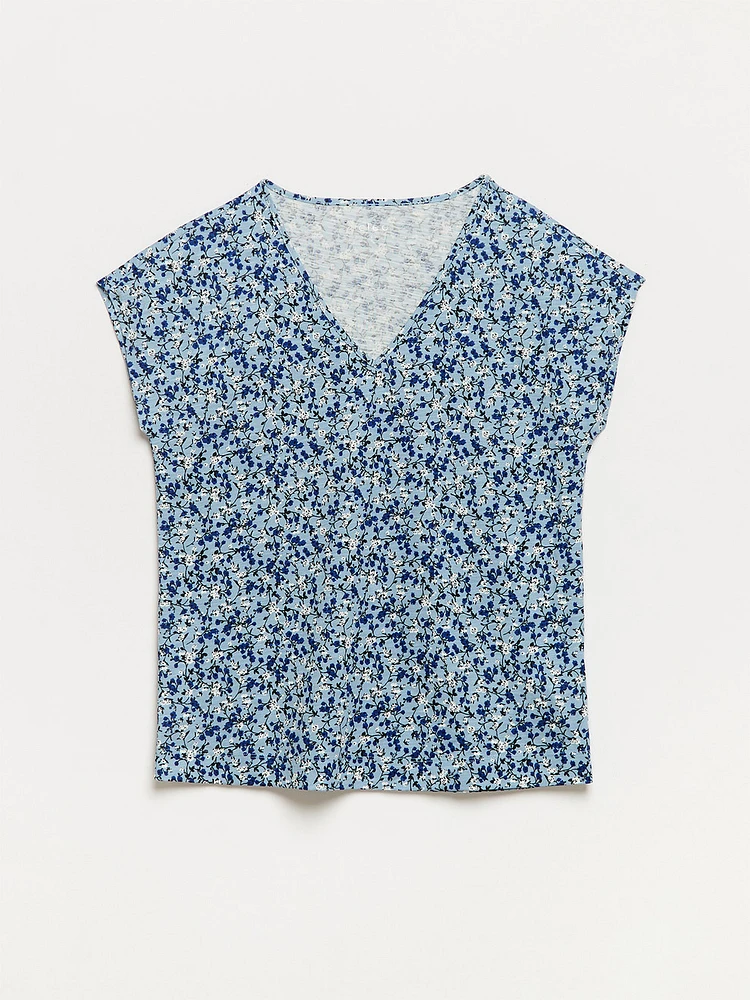 Relaxed Dusty Blue Ditsy V-neck T-Shirt