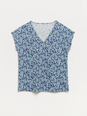 Relaxed Dusty Blue Ditsy V-neck T-Shirt
