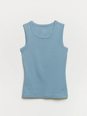 Stretch Cotton Dusty Blue Hi-Neck Tank