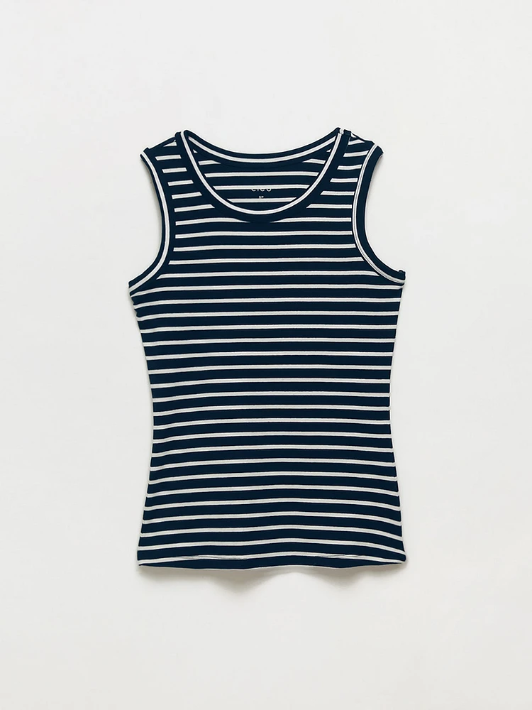 Stretch Cotton Navy Stripe Hi-Neck Tank