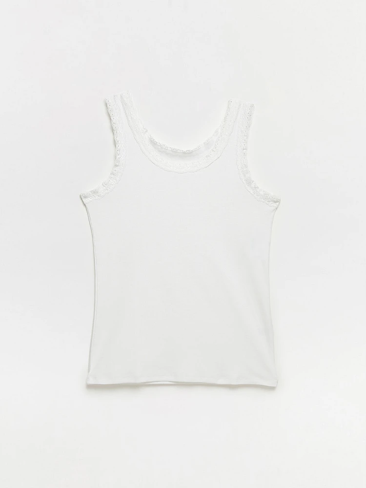 Stretch-Cotton Tank with Lace Trim