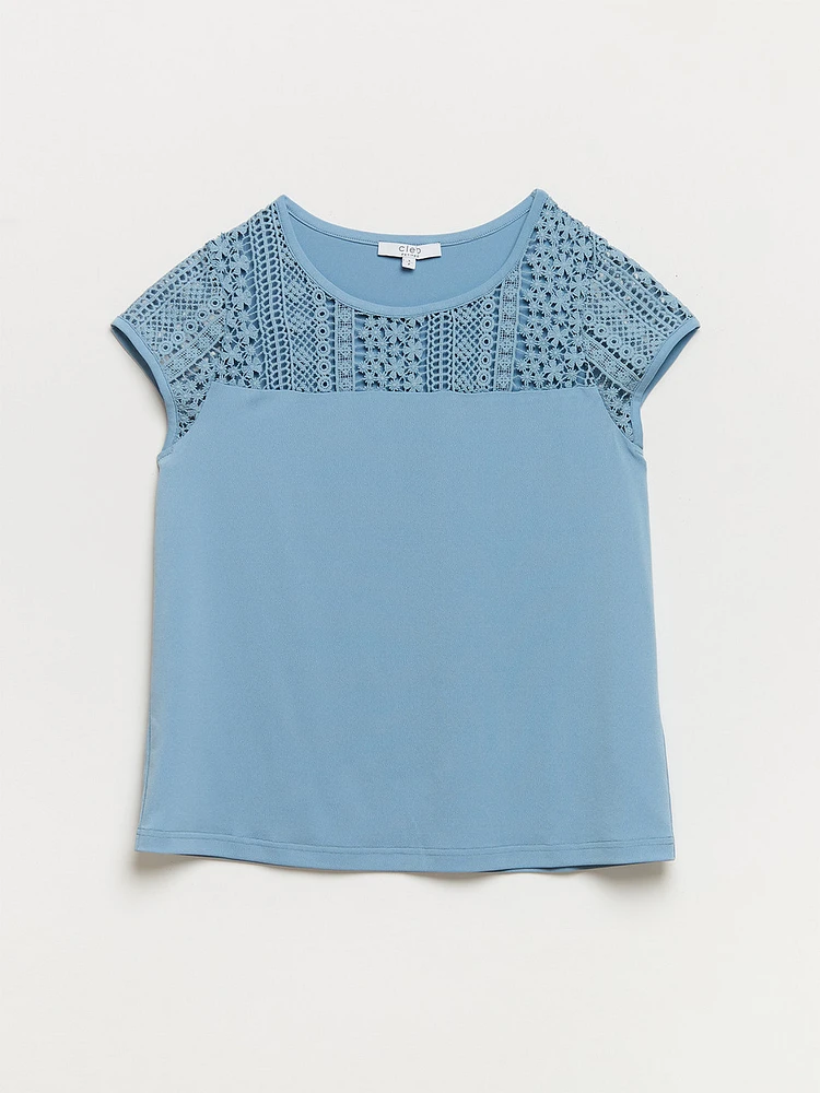 Petite Relaxed Fit Dusty Blue Short Sleeve Lace Top