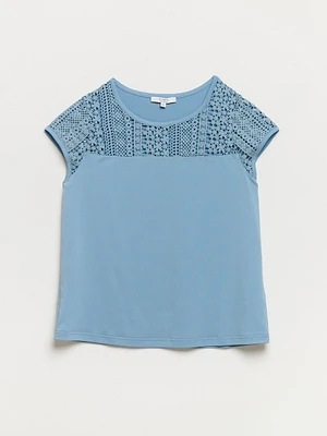 Petite Relaxed Fit Dusty Blue Short Sleeve Lace Top