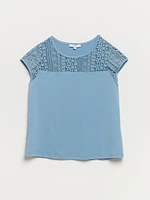 Petite Relaxed Fit Dusty Blue Short Sleeve Lace Top