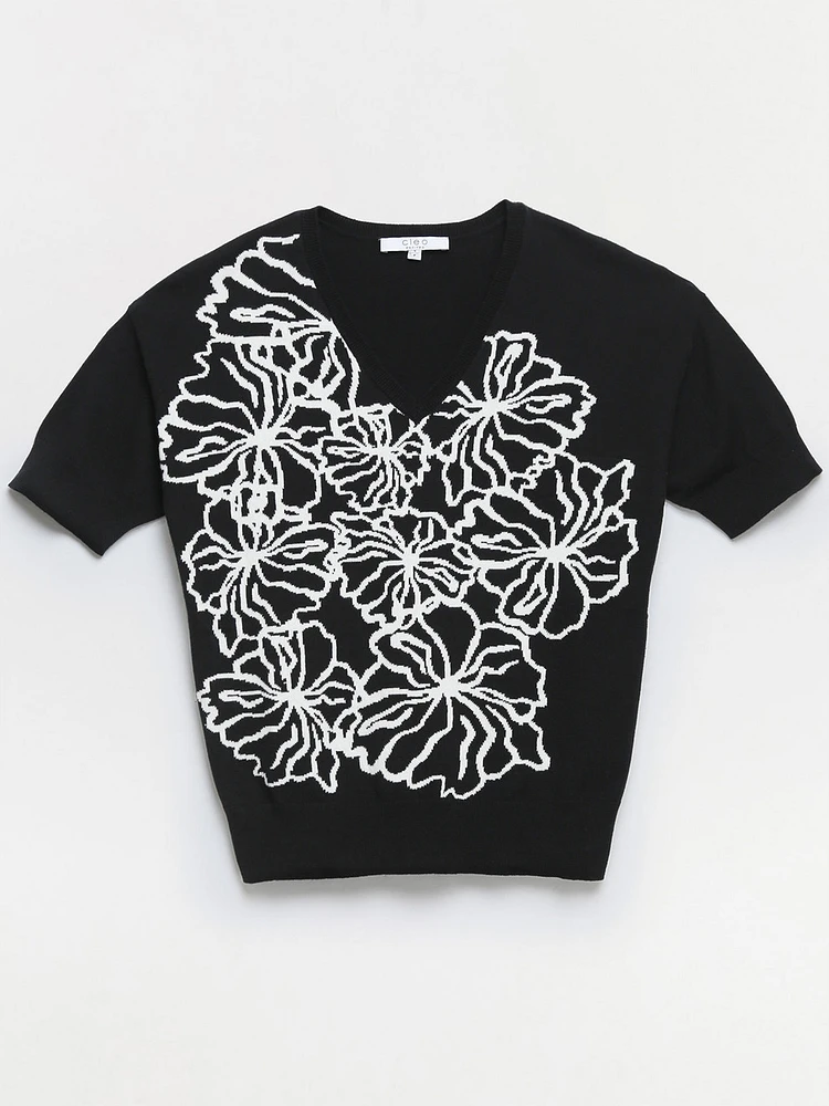 Petite Floral V-Neck Pullover