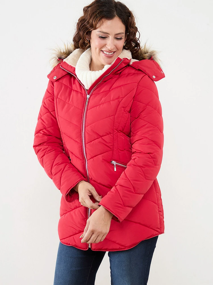 Chevron Vegan Down Coat Crimson