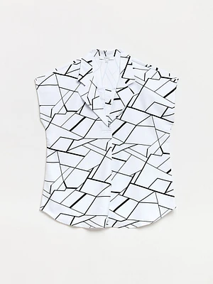 Relaxed Line Graphic Back Button Blouse