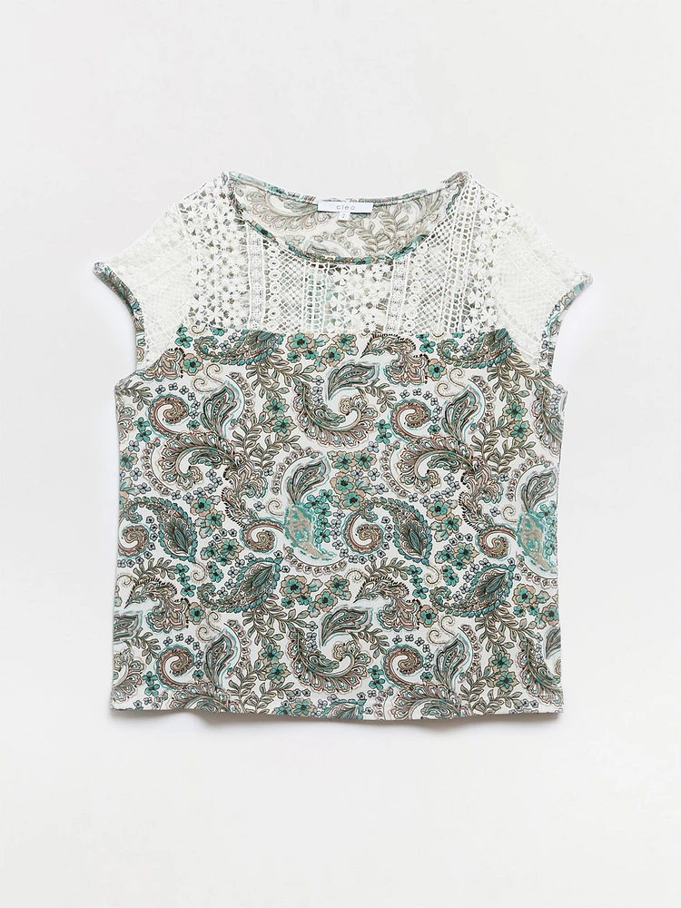 Relaxed Fit Paisley Lace Yoke Top