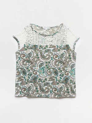 Relaxed Fit Paisley Lace Yoke Top