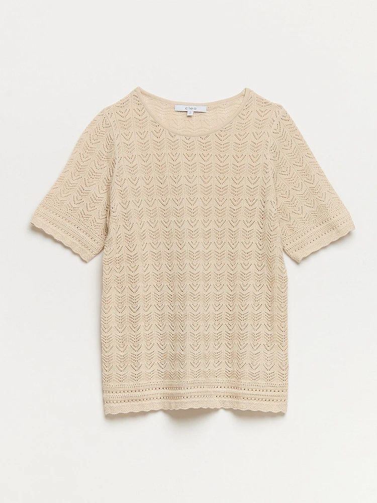 Short Sleeve Sand Pointelle Sweater