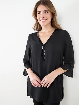Three-Quarter Sleeve Sequin Trim Tunic Blouse